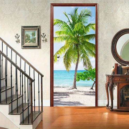 strand- türdekal - , palmen, sand - moderne selbstklebende wandkunst für schlafzimmer & wohnzimmer