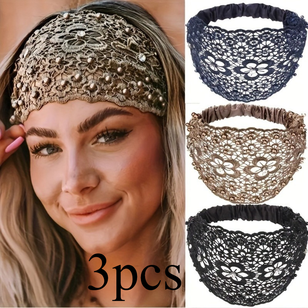 TEMU 3pcs Set Of Lace Hollow-out Beaded Wide Headbands, Bohemian Style, Suitable For Covering Stray Hairs, Commuting Looks, And Vacation Outfits, A
