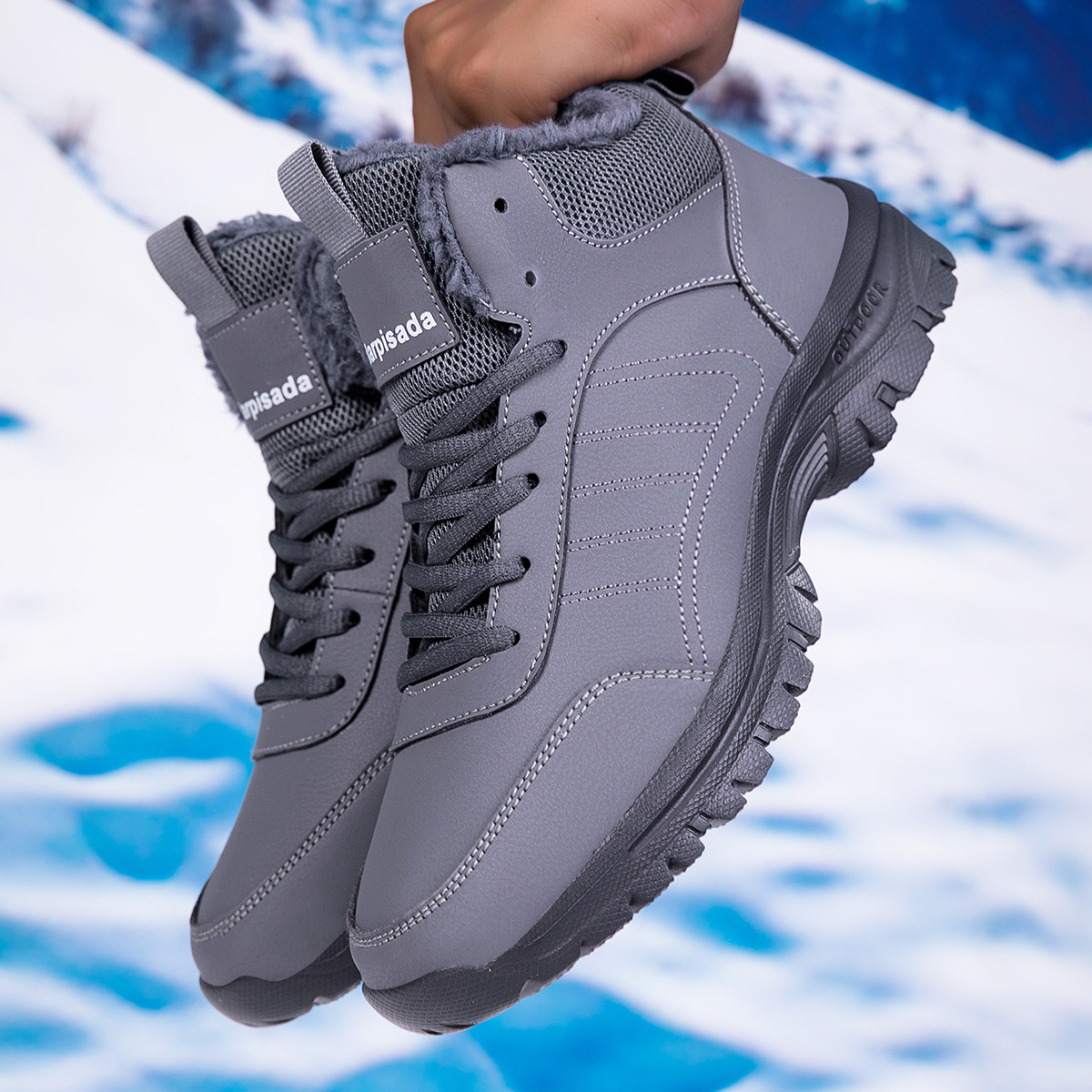 Image of Men's Plush Lined Winter Mid-top For Snow Boots, Thick Heat-retaining Liner, Classic Lace- Top, Textured Grip Ankle Support For Snow Hiking, Work , Camping, Versatile Men's Footwear