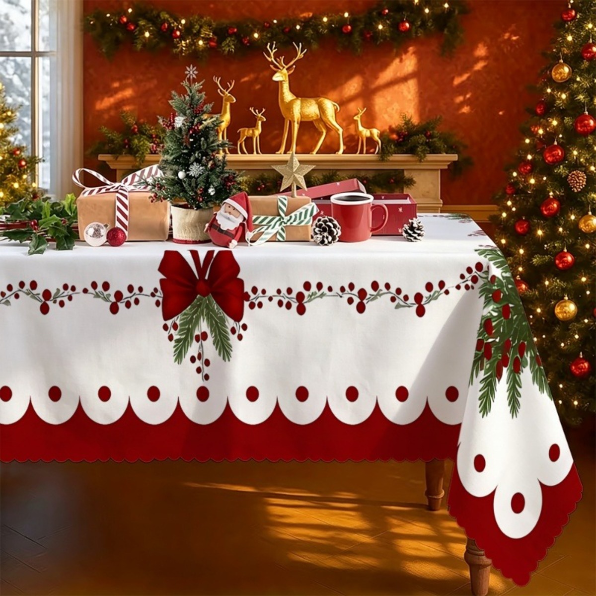 1 mantel para  , mantel con diseño   de   y   con   de   estilo navideño, tela de poliéster  ,   para decoración   y de   navideña en interiores y exteriores, mantel   de limpiar,   para mesas de  