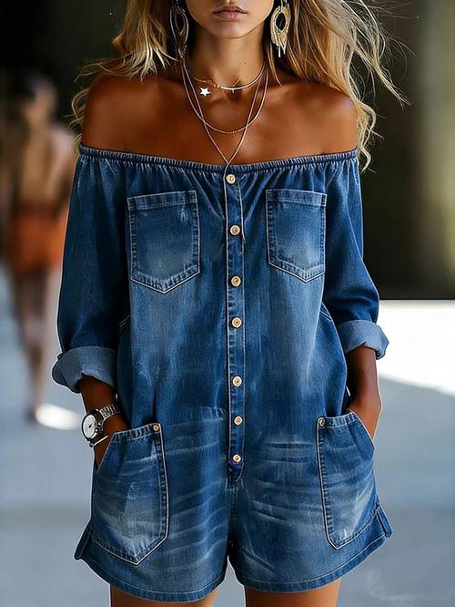 womens off the shoulder denim romper loose fit casual jumpsuit with buttons and pockets denim playsuit for women off shoulder style with vintage wash