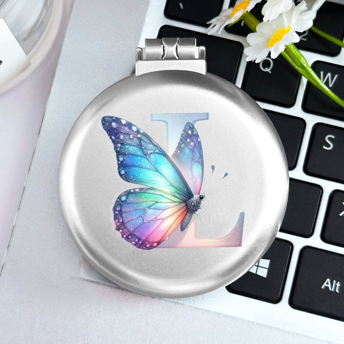 Image of 1pc Silvery 26 Letter Folding Round Mirror Comb, Small And Portable Mini Air Cushion Comb Ladies Hair Comb, Folding Airbag Comb Massage Comb Makeup Mirror In One, Travel Camping Essential Souvenir