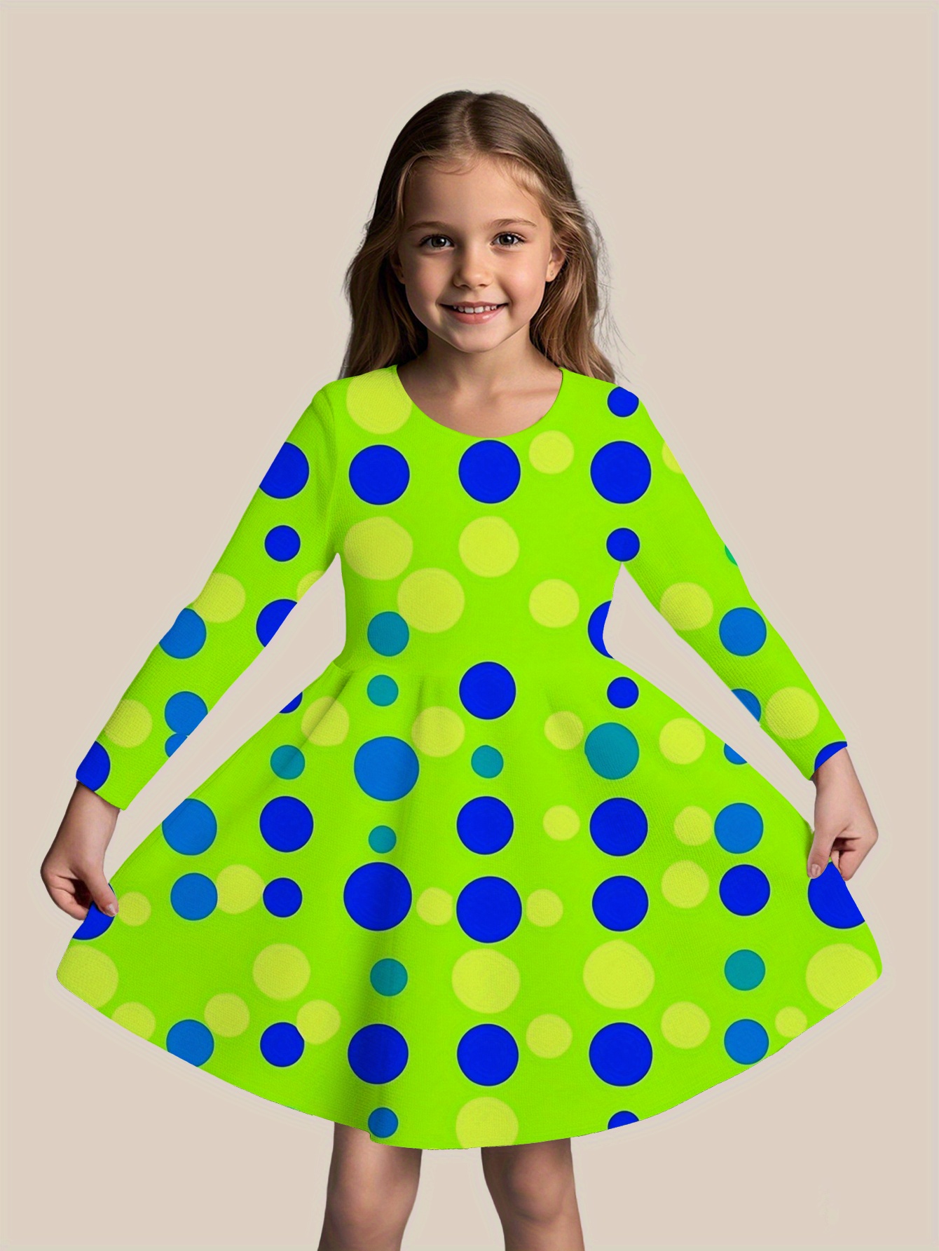 Vibrant Neon Green Polka Dot Long Sleeve Dress for Girls - Crew Neck, A-*  Machine Washable, Stretch Fabric *' Casual Spring/Fall Out