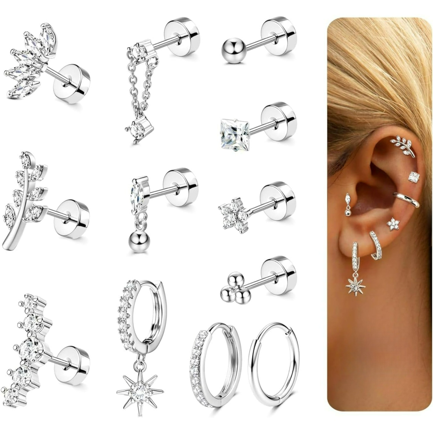 Image of 2d Flat - 12pcs Flat Back Earrings For Women Trendy Daith Conch Tragus Helix Piercing Jewelry Stainless Steel Flat Back Cartilage Hoop Earrings Set For Multiple Piercing