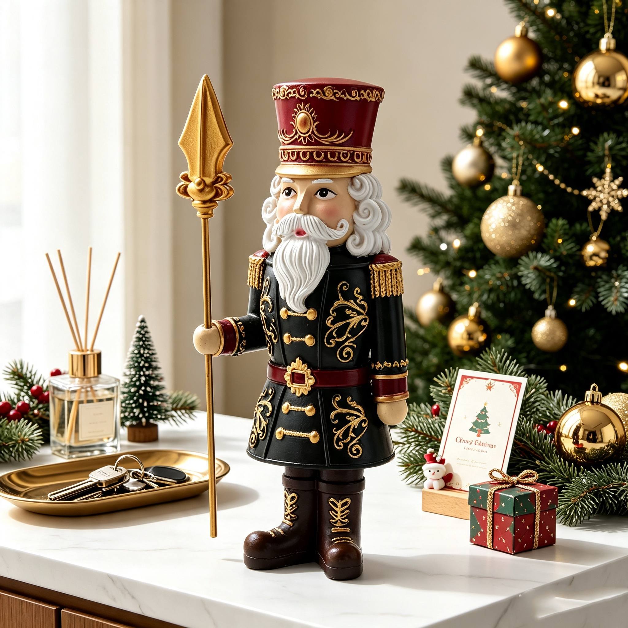 TEMU Christmas Resin Nutcracker Soldier Figurine Ornament, Classic Xmas Nutcracker Guard Statue With Spear And Mini Christmas Tree, Tabletop Home