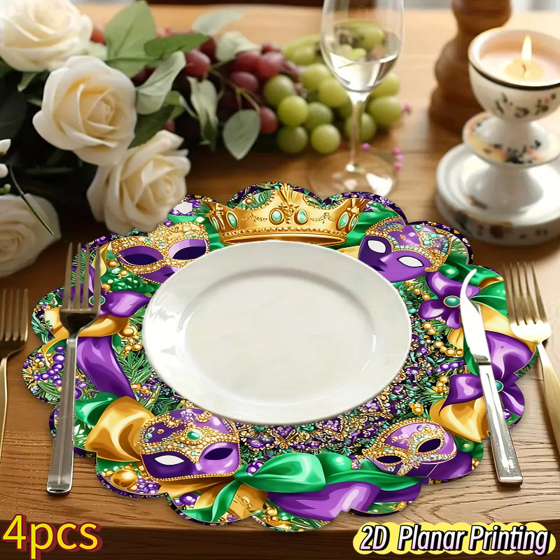 TEMU 4pcs Mardi Gras Placemats | Round Beads & Design , Golden & Purple - Heavy-duty Linen Table Mats For Mardi Gras Party Decorations, Themed Dinner Parties, New Orleans Tableware, 2d Flat