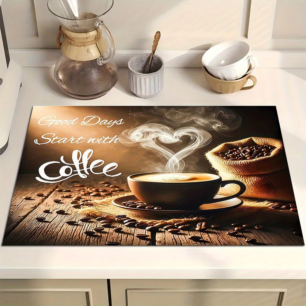 TEMU 1pc Dish Drying Mat, Drying Mat With Coffee Pattern Print, Drainage Mat, Coffee Maker Mat, Kitchen Countertop Absorbent Mat, Placemats, Washing