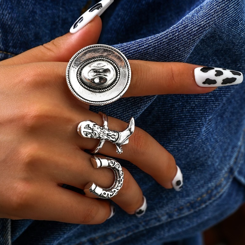 TEMU 3pcs Bohemian Vintage Ethnic Style Boots And Cowboy Hat U-shaped Women's Rings, Suitable For Vacation, Parties, And Daily Wear
