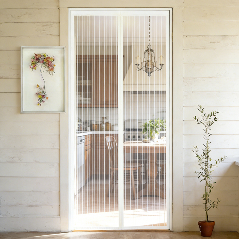1pc magnetic mosquito proof door curtain with no drill auto close heavy density flexible fiber mesh white striped breathable panel suitable for home balcony rv doors