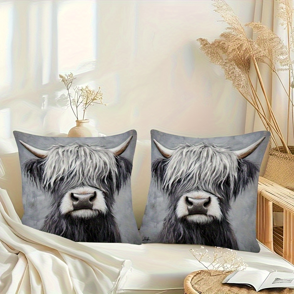 TEMU 2d Flat - 2pcs Highland Cow Pillow Covers - Soft Polyester Farmhouse Decorative Cushion Cases, Zipper Closure, Realistic In Grey/, 18x18 Inches