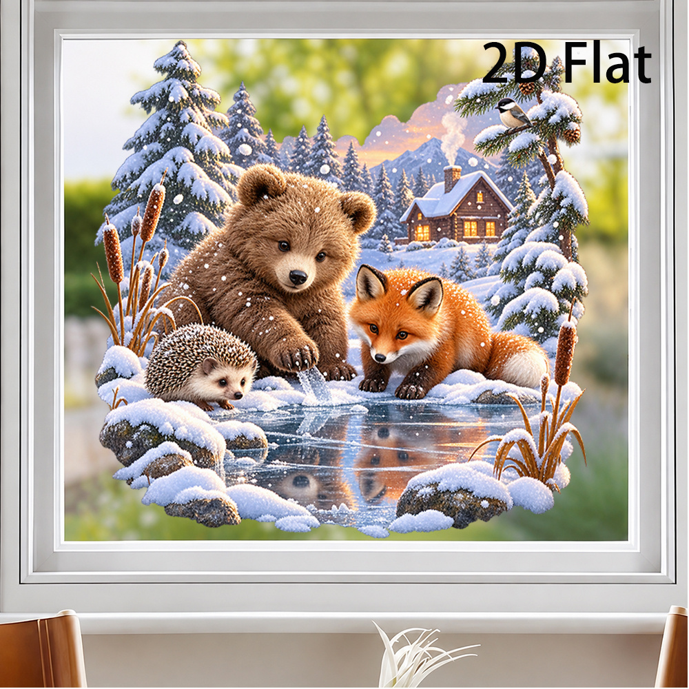 TEMU Autocollant plat 2D - Autocollant plat 2D - Autocollant plat 2D Buddy, Renard, Décalcomanie de fenêtre Écureuil de neige, Film de fenêtre effet