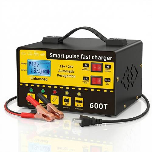charger for 12v and 24v with lcd repair function and temperature regulation designed for smart charging maintenance of car truck lawn mower boat and motorcycle batteries