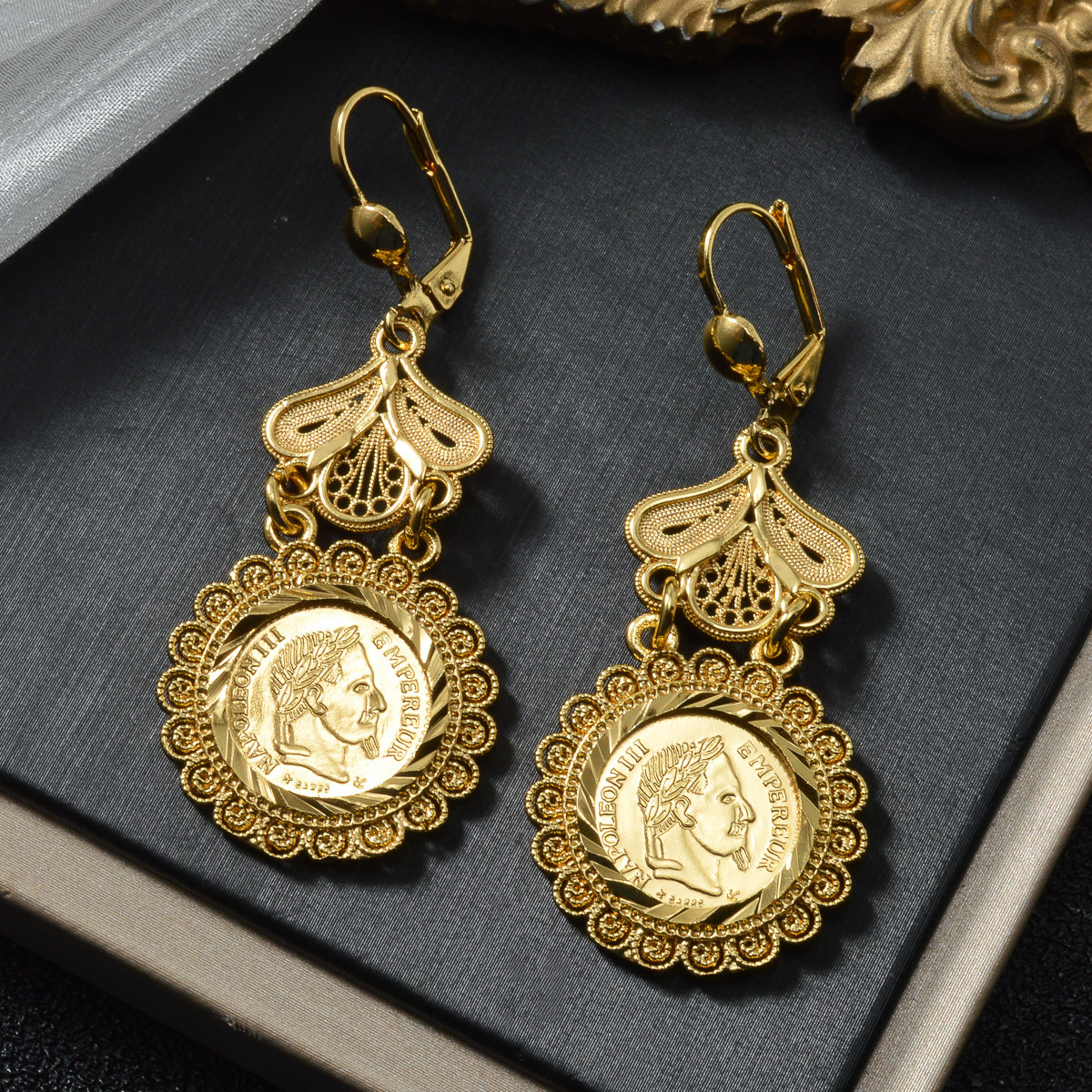 TEMU 1 Pair Vintage Coin Medallion Dangle Earrings, Ornate Floral Frame Leverback Statement Jewelry
