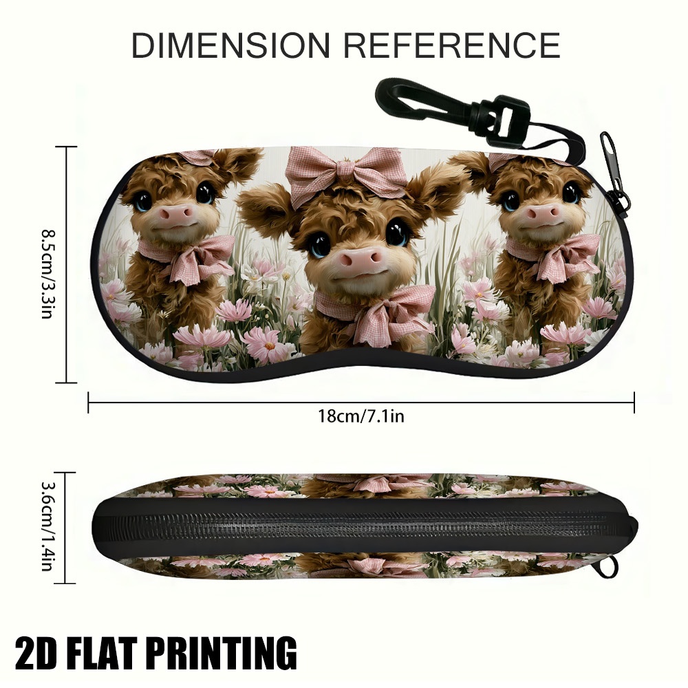 TEMU 1pc 2d Flat Printing Easter Highland Cows Flowers Eyeglass Case, Slim Portable Form, Daily Usable Zipper, Practical Tool For Glasses Storage, 2d