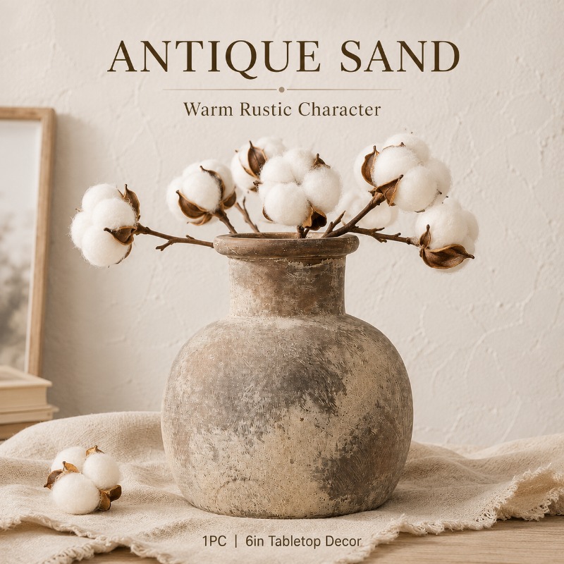 TEMU 1pc 1pcs 6in Vintage Distressed Ceramic Vase - Rustic Flower Pot With Round Shape & Suitable For Dried Flowers, Shelf, Table Centerpiece, Living