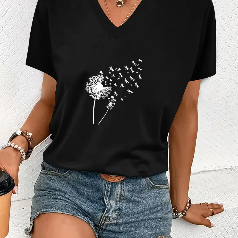 

Lightweight Design | Women's Casual Floral Print V-neck T-shirt, Short Sleeve Knit Top With Dandelion & , Lightweight Polyester For , | Shirt | Texture, Cute T Shirts