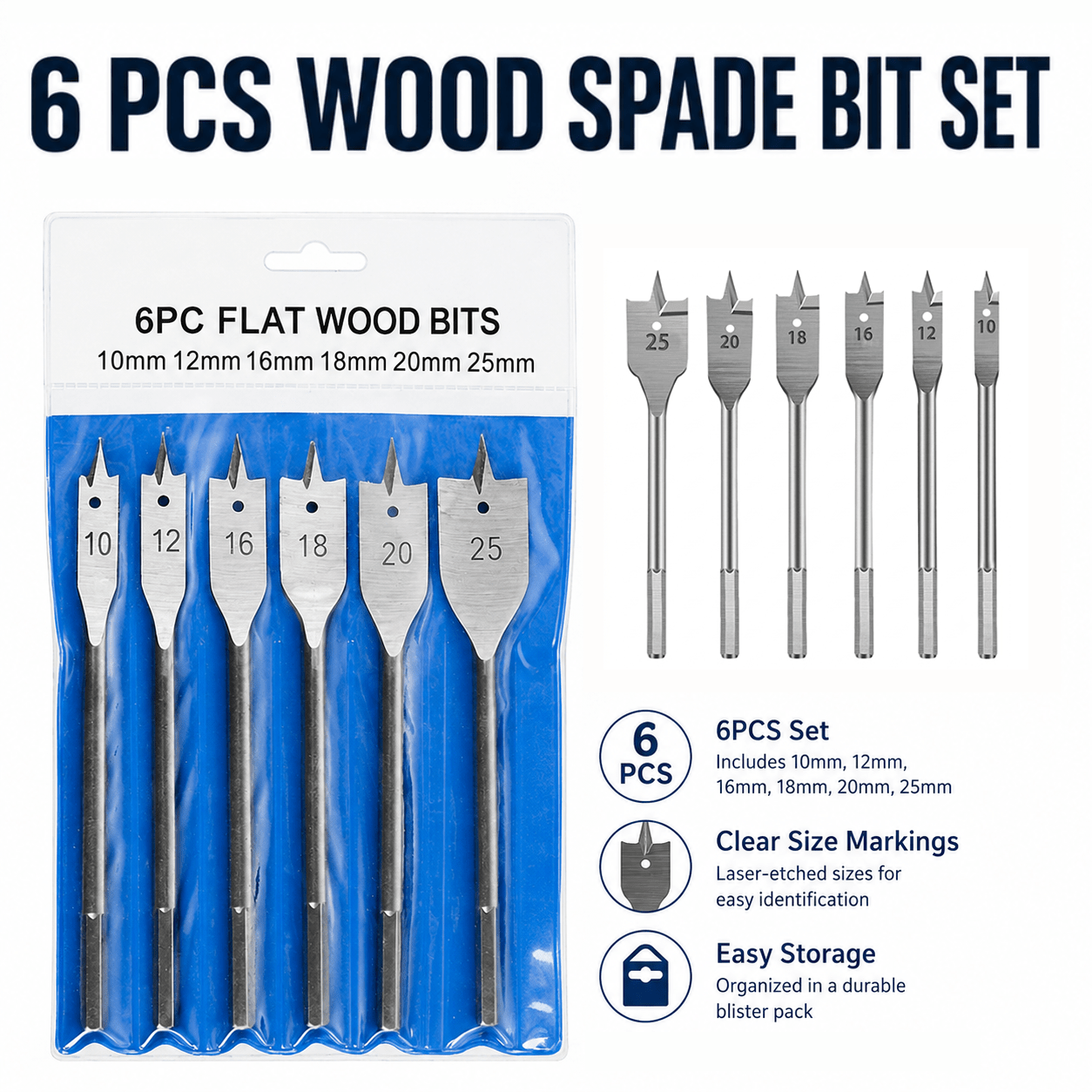 TEMU 6pcs Spade Drill Bit Set, 12-25mm Wood Spade Bits, With 1/4" Quick Change Handle And 6-inch Extension Rod, For Woodworking Hole Cutter