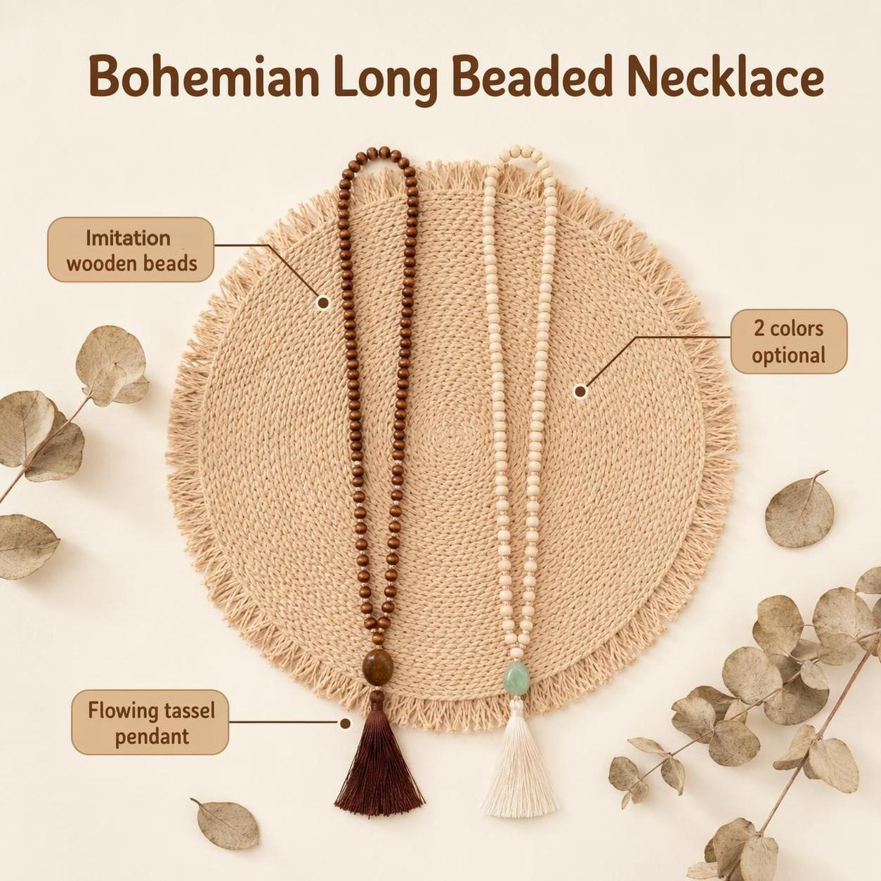 1-Pack Retro Tassel Beaded Long Pendant Neck Chain, Boho Style
