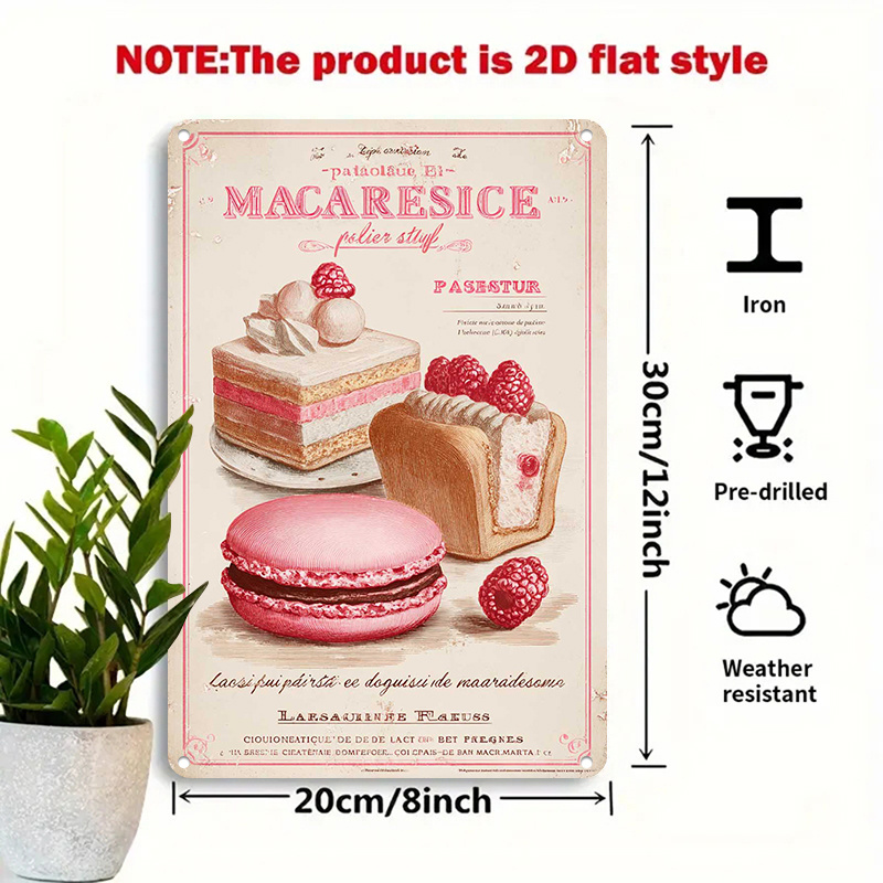 TEMU 2d Flat - 1pc Of 8x12 Inch Retro Metal Tin Sign Featuring Macarons And Pastries, Perfect For Vintage Wall Art Decoration In Restaurants, Bars,