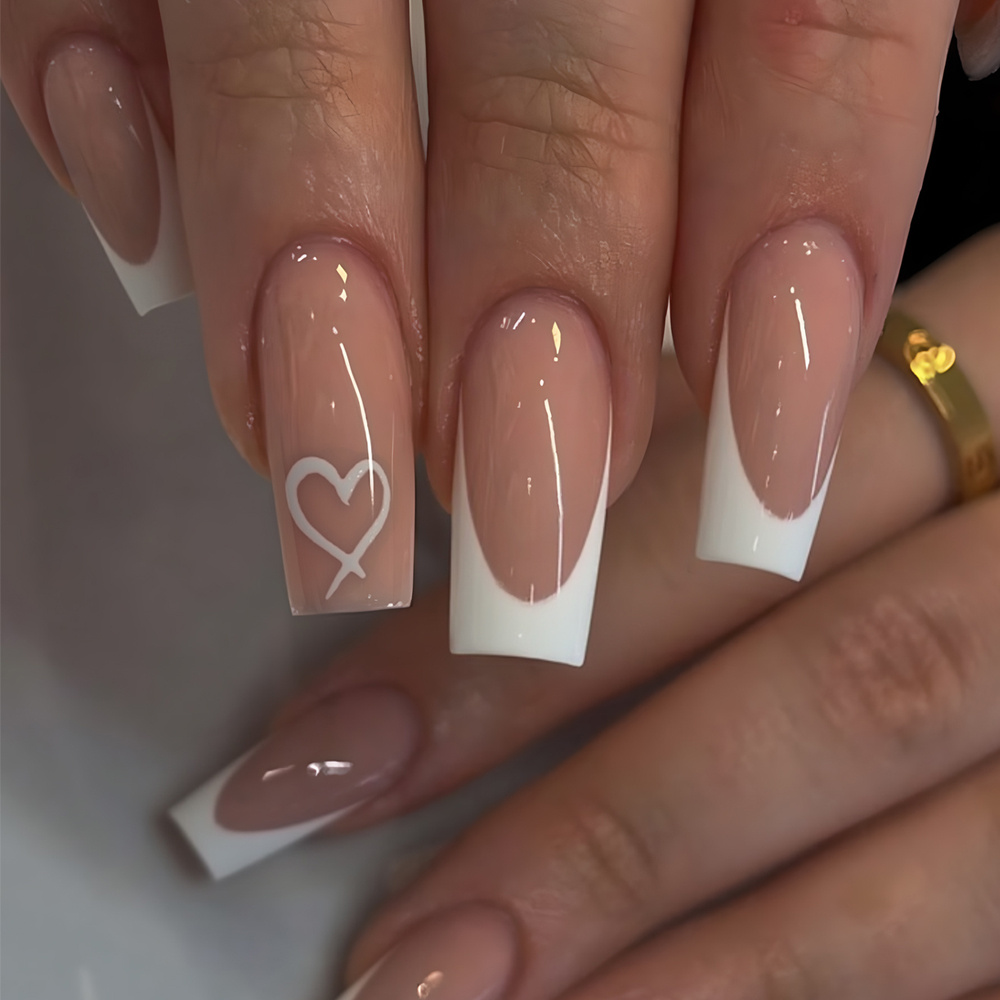 Image of 24pcs Fashion Medium Square Shape Press On Nails Kit White With White Hearts Fit Perfectly Fake Nails Kitfull Cover False Nails Includes 1sheet Adhesive Tabs & 1pc Mini File Self Adhesive