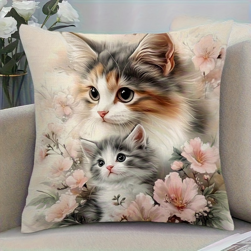 TEMU 1pc 2d Flat Printed Pillow Cover | Cushion Cover With Zipper Seal, Beige, Brown And Pink Floral Kitten Design For Sofas, Beds, Offices - Vintage