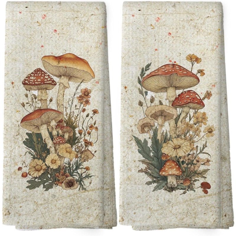 TEMU 2pcs Vintage Mushroom Kitchen Towels Suitable For , Absorbent Dishcloths With Mushroom, Farmhouse Decor Dish Towels For Home, Rectangular Cloths