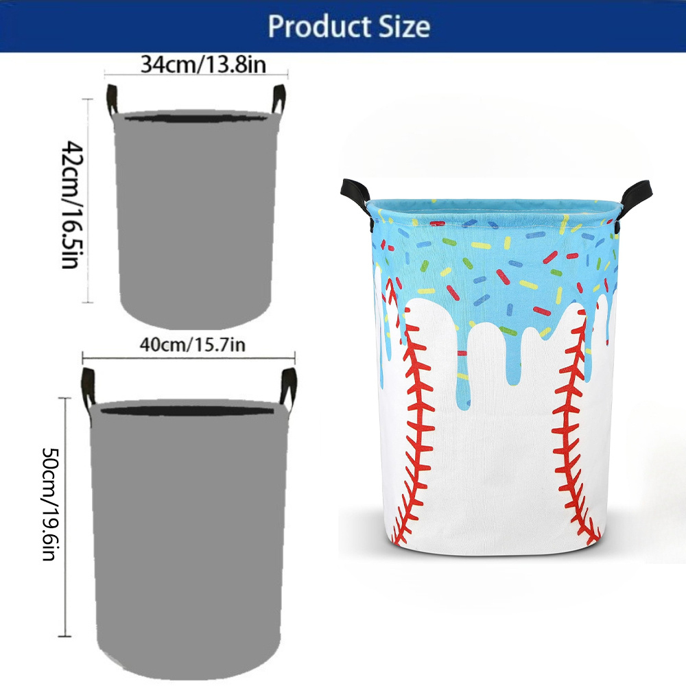 TEMU 1pc Baseball Ice Cream Drip Laundry Basket With Handles Foldable Oxford Clothes Hamper Storage Bucket Laundry Storage For Bathroom Bedroom