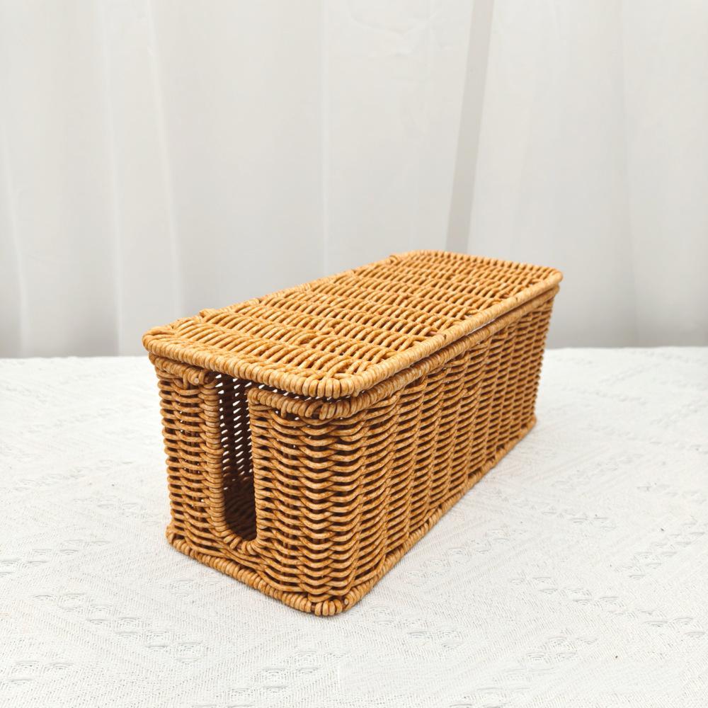 Image of 1pc Exquisite Natural Woven Rattan Storage Basket With Lid, Multifunctional Desktop Socket Storage Box For Kitchen, Bathroom, And Home Decor, Shelf Baskets
