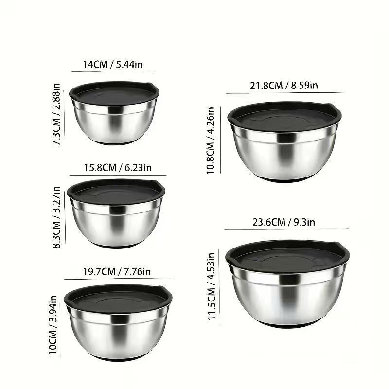 TEMU 5pcs Set Of Thickened Stainless Steel Salad Bowls With Khaki Black Silicone Non-slip Bottoms, Includes Covered Mixing Bowls For Baking And Egg