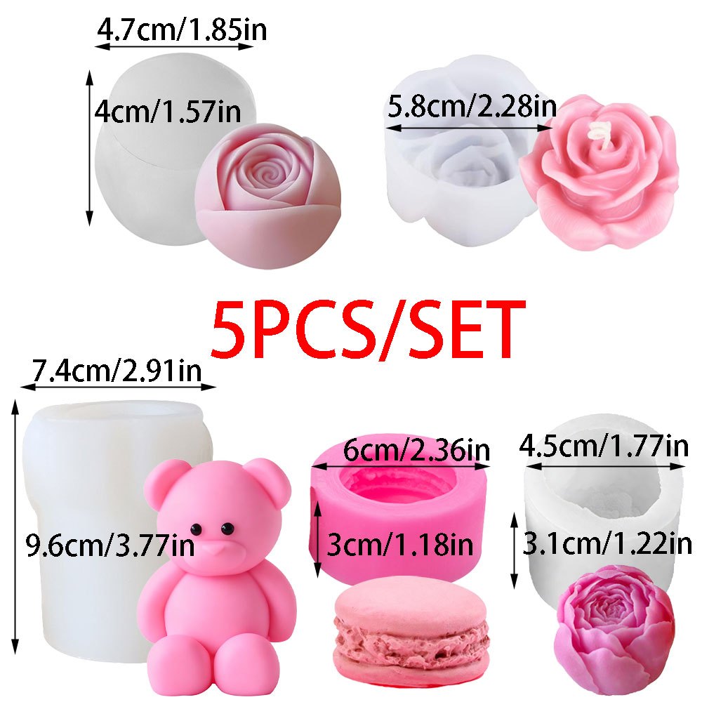 5pcs/set Bear Peony Soywax Candle Silicone Mold Rose Sakura Resin Plaster Making Flower Bouquet Wedding Souvenir