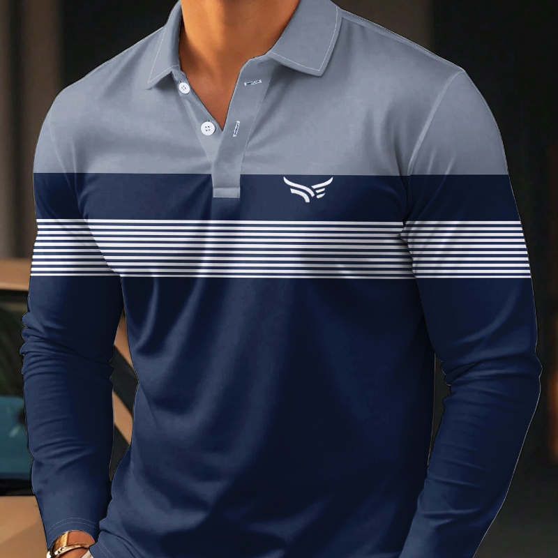 Camisa Masculina de Manga Longa com Estampa Digital 3D de Listras Azuis - Conforto Casual com Colarinho de Quarto de Botão, Poliéster Lavável à Máquina para Negócios e Casa