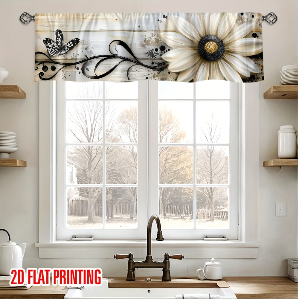 TEMU Impression Plate 2D - Impression Plate 2D 54X17.7In/137X45Cm, Rideau de Baldaquin Rustique Ferme Marguerite et Papillon avec Beige/Marron/Gris,