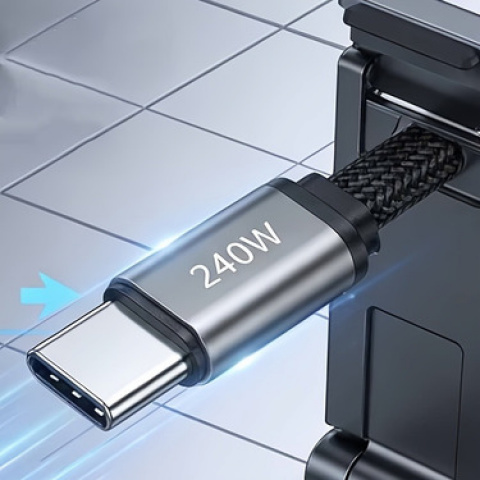 Câble de données à chargement rapide tissé plat MAX 240W avec support de téléphone intégré, câble de chargement rapide Type-C, câble de données de jeu, câble de données pliable avec support de téléphone, convient aux téléphones et tablettes Samsung, Oppo et autres