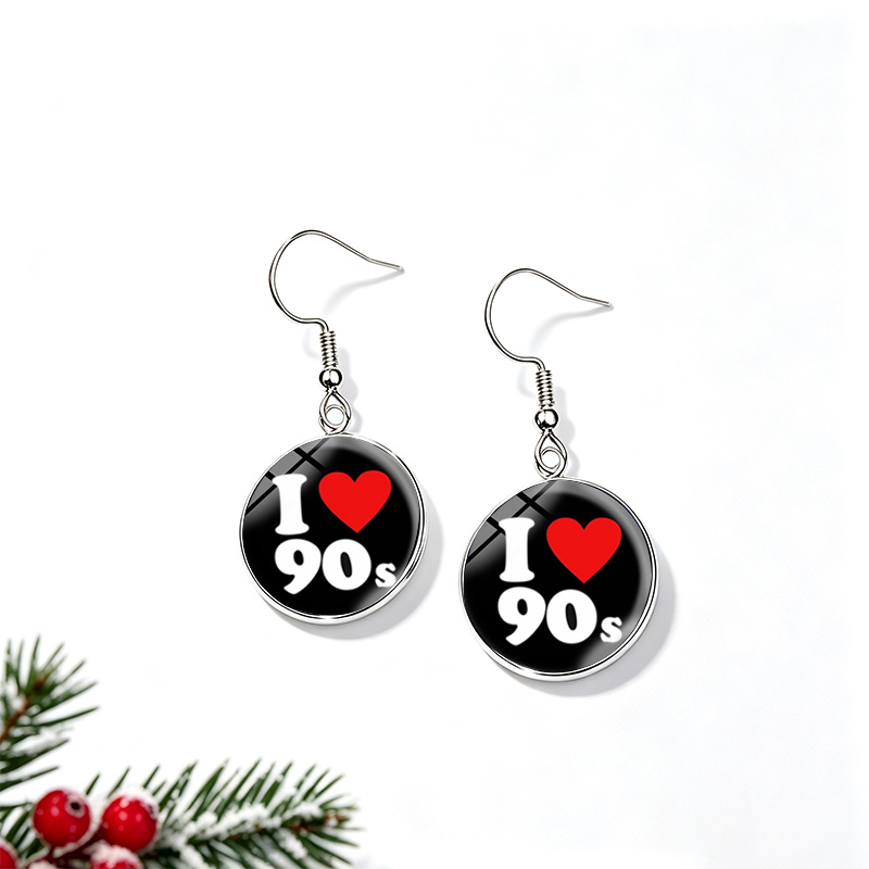 I Love 90s Text Heart Round Glass Cabochon Dangle Earrings