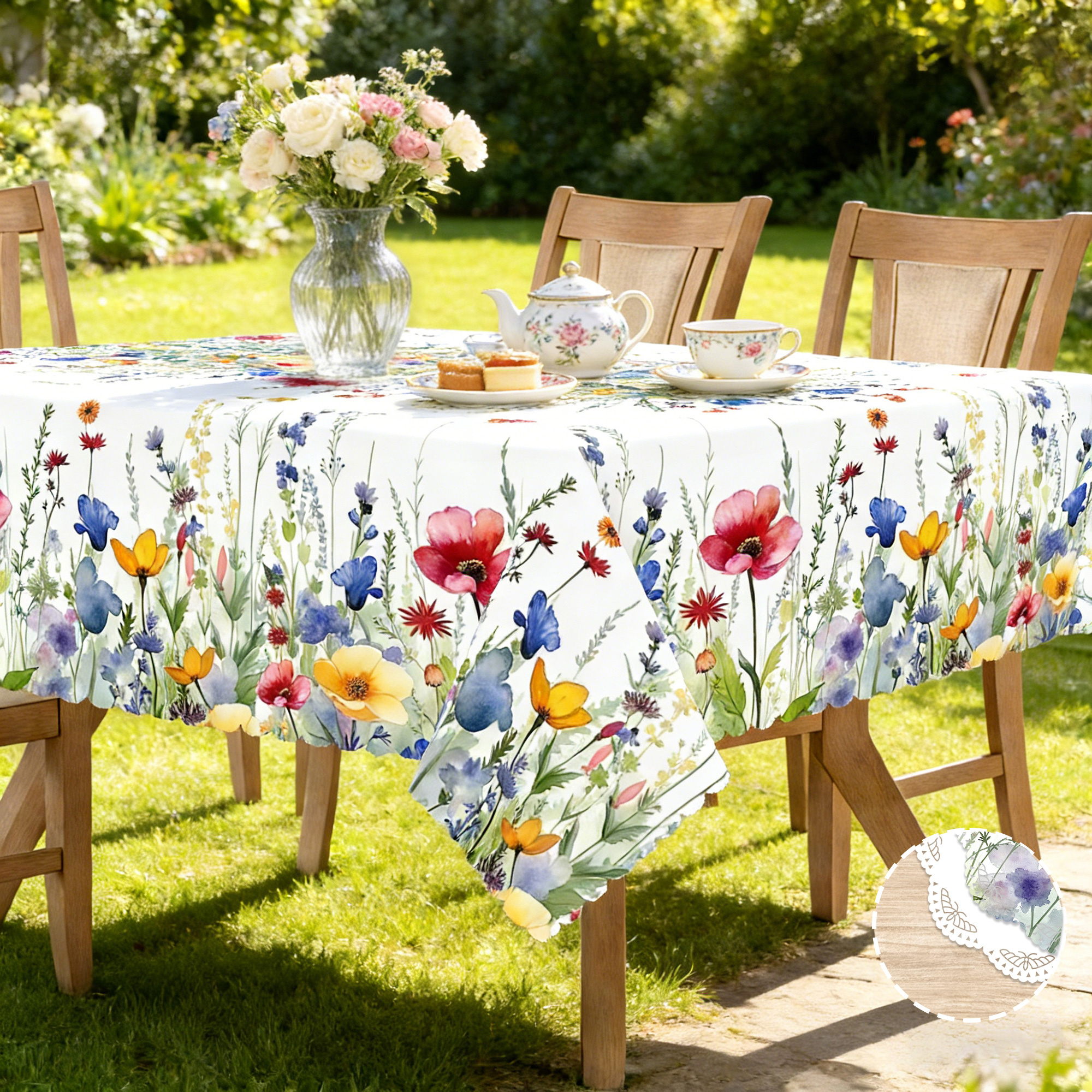 item picture 1pc watercolor   tablecloth suitable for spring easter mothers day christmas round rectangular   table cover with   print machine made polyester cloth for coffee table dining table decor year round use