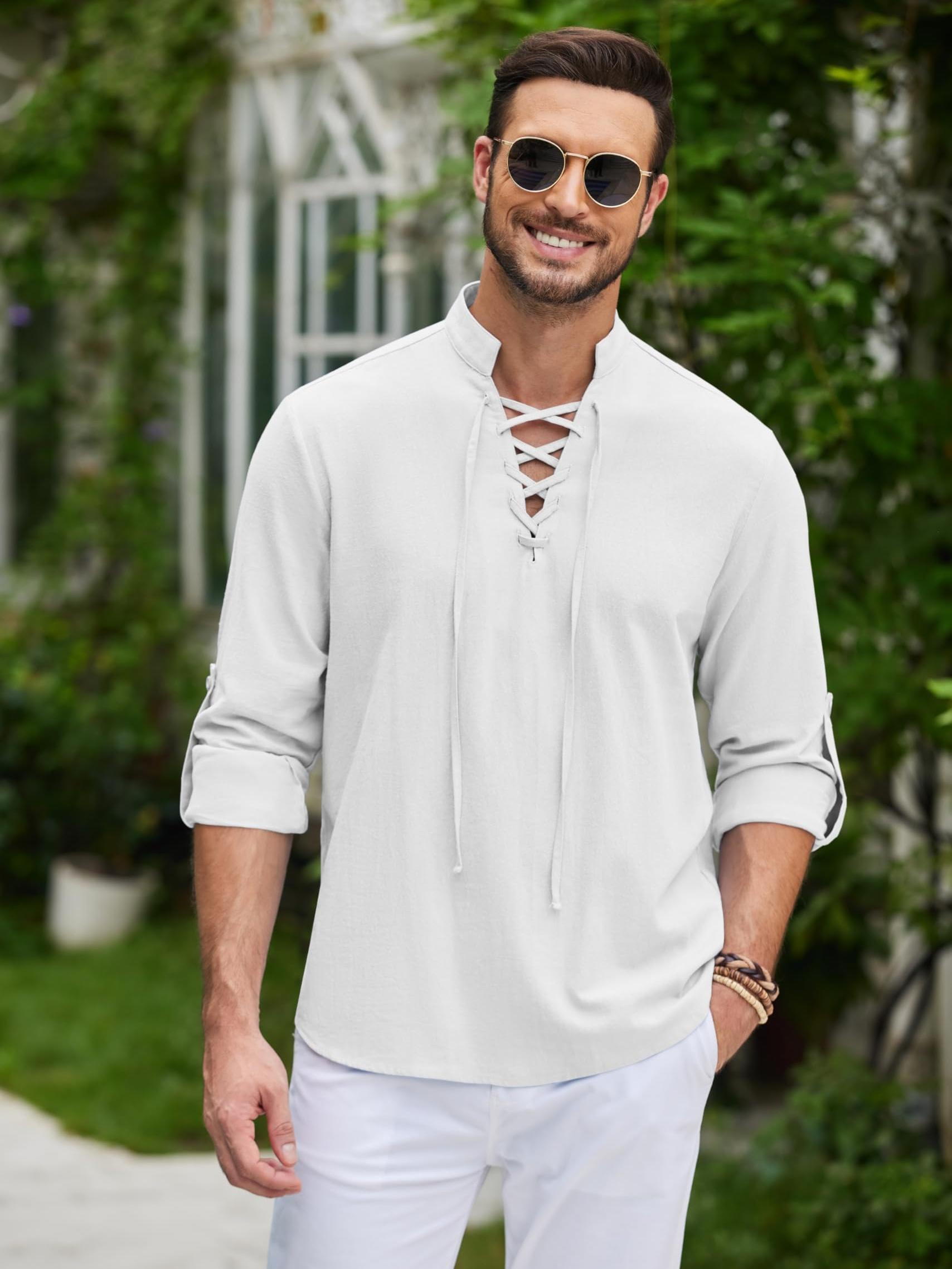 Men's 100% Cotton Retro Lace-Up Renaissance Shirt - Medieval Pirate Viking Top with Adjustable Drawstring, Long Sleeve Summer Casual Shirt for