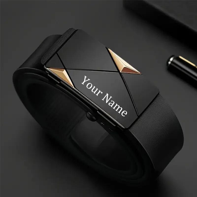 Men's Custom Engraved Faux Leather Belt With Automatic Alloy - Personalized Gift For Father's Day, Husband, Birthday, Or Anniversary, Stylish With Golden Lettering, Belt For Men