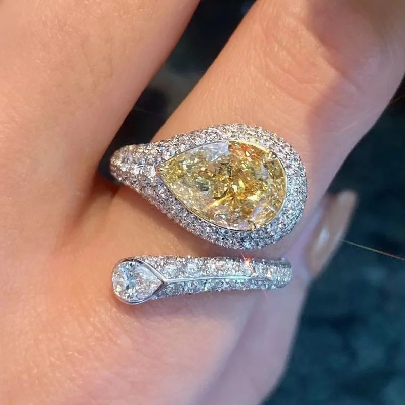Image of Unique Luxury Inlay Teardrop Shape Yellow Zirconia Adjustable Opening Ring For Women Party Banquet Daily Casual Temperament Ring Jewelry