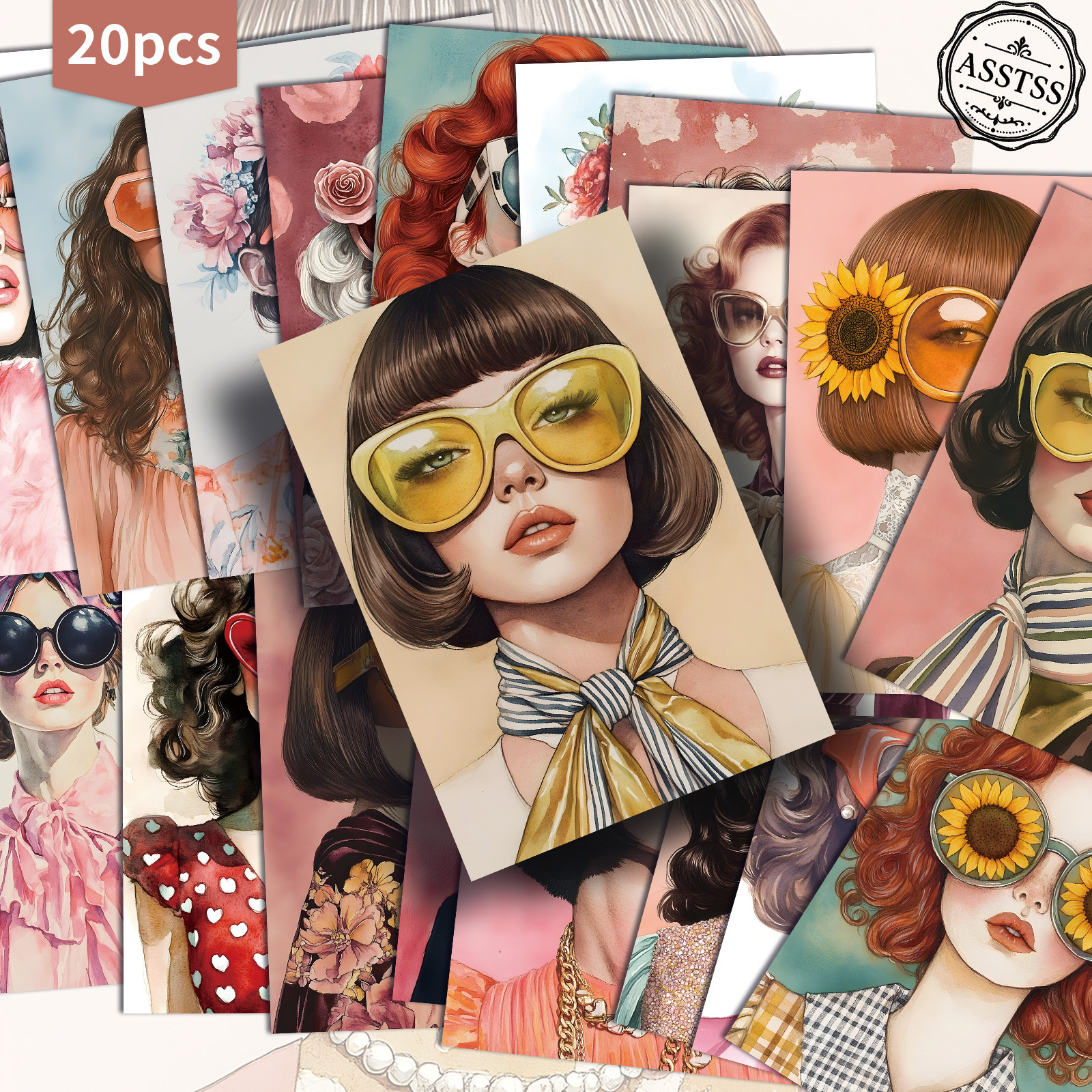 TEMU Lot de 20 cartes postales ASSTSS Vintage Funky pour femmes - Lunettes de soleil 4X6 pouces Rétro, fournitures de , illustrations , cartes de