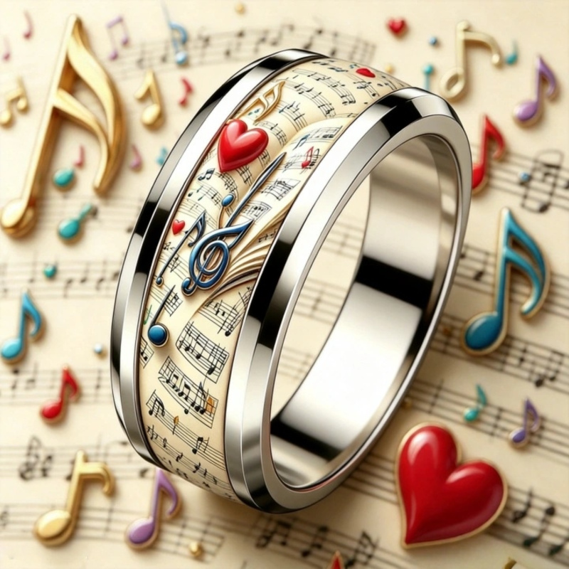 Vintage Sheet Music Heart Note 304 Stainless Steel Ring