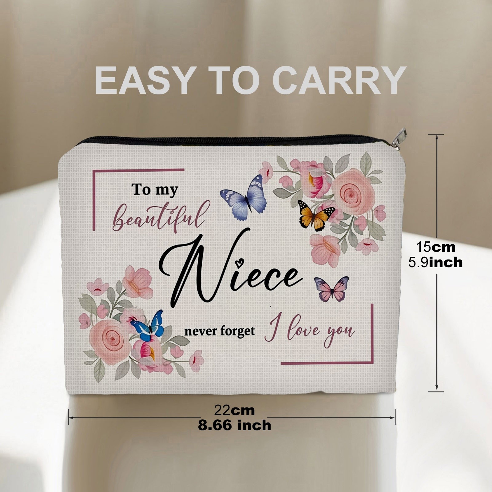 TEMU Double-sided To My Beautiful Niece Print Makeup Bag, Soft Polyester Cosmetic Pouch With Floral & Pattern, 5.9in*8.66in Portable Travel Organizer