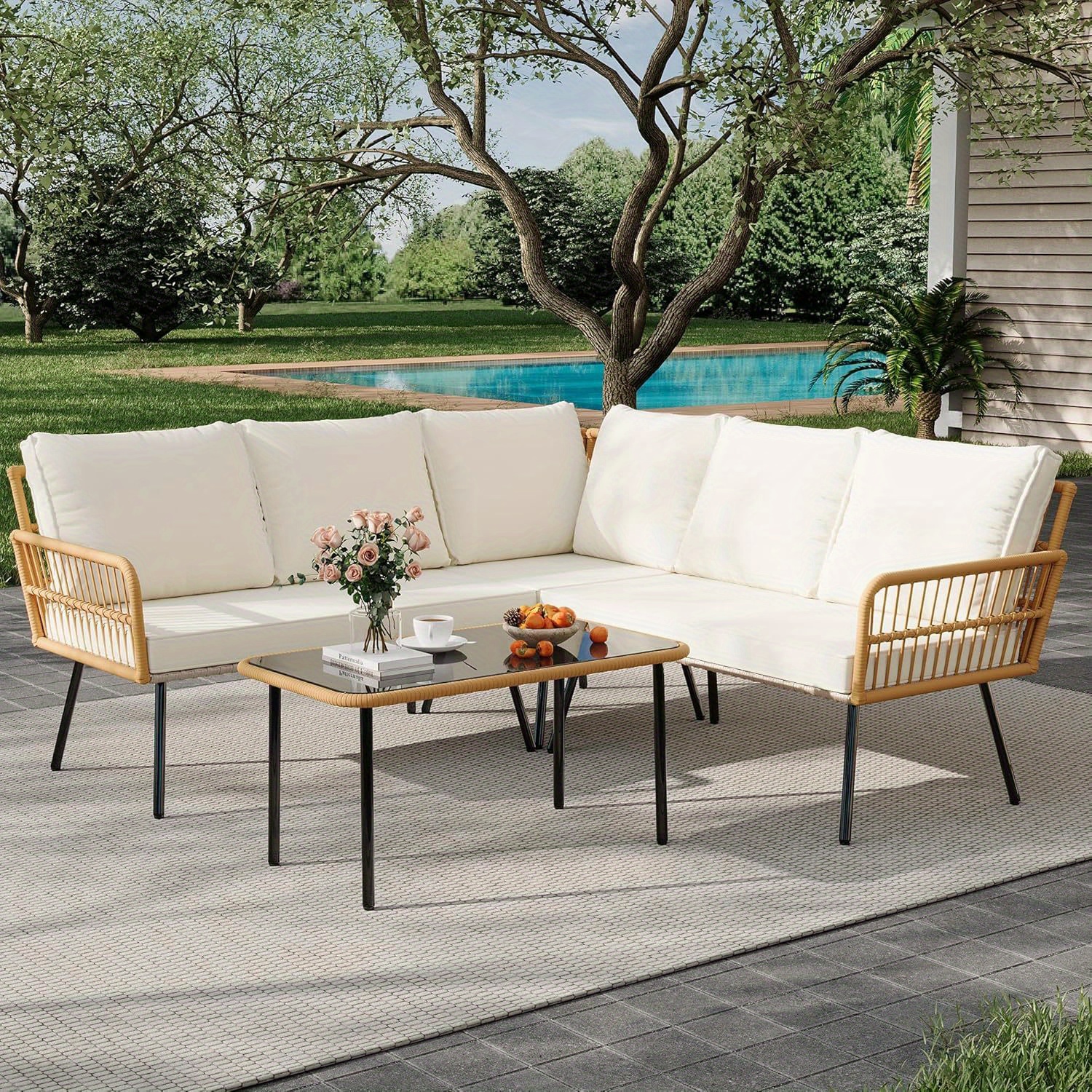 Senfot 4pcs Outdoor Patio Furniture Set with Table, All-Weather Boho Wicker Rattan Patio Sectional L-Shaped Sofa, Metal Frame, Detachable Cushions, for Patio, Balcony, Backyard, Deck, Beige