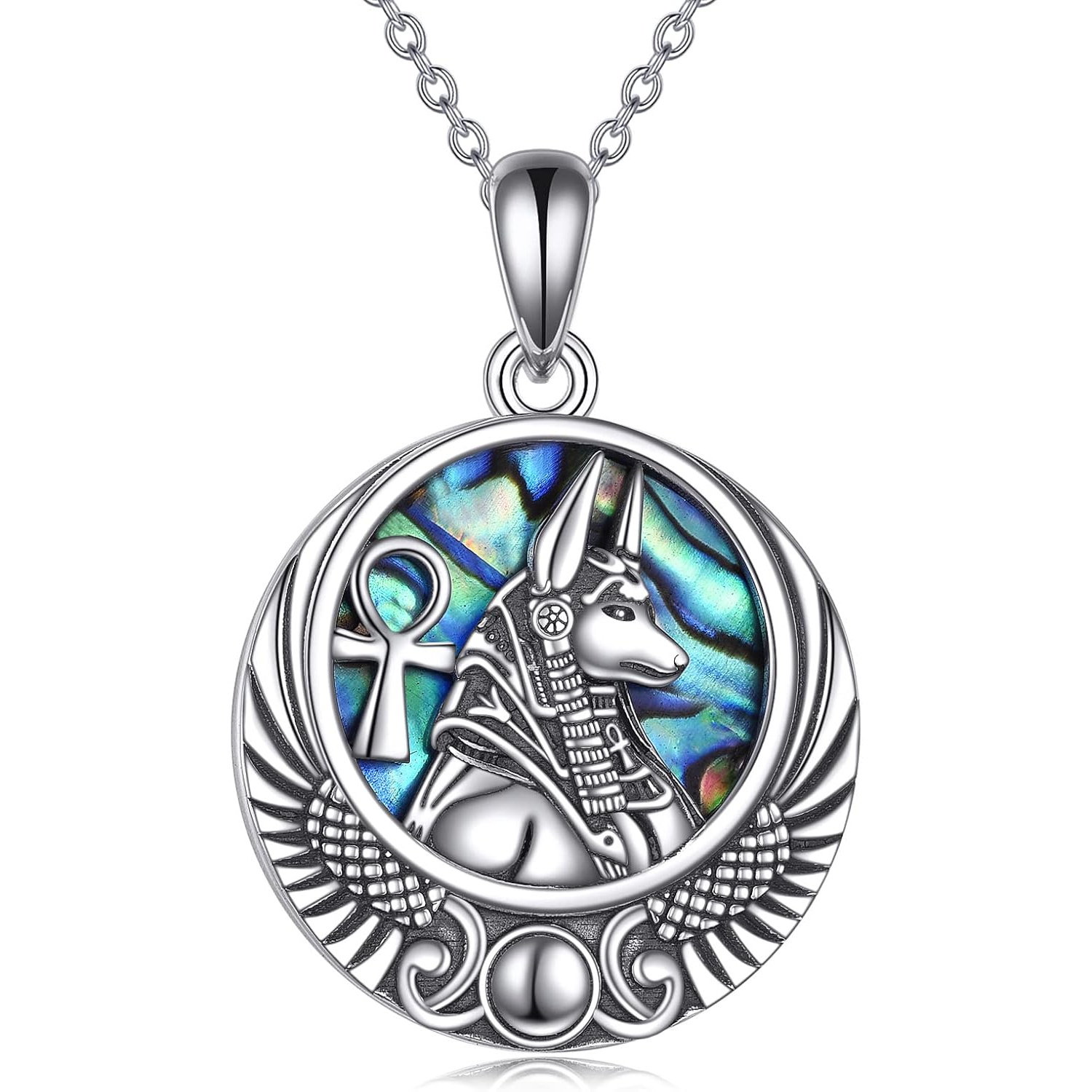 Image of Egyptian God Necklace Sterling Silvery Egyptian Pendant Abalone Shell Jewelry For Women Men