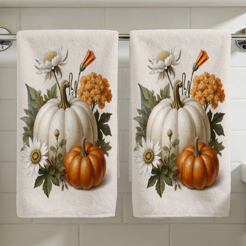 TEMU 2pcs Set Of Fall Pumpkin Sunflower Hanging Hand Towels, Soft Polyester Absorbent Decorative Towels For Bathroom Kitchen, Thanksgiving Holiday