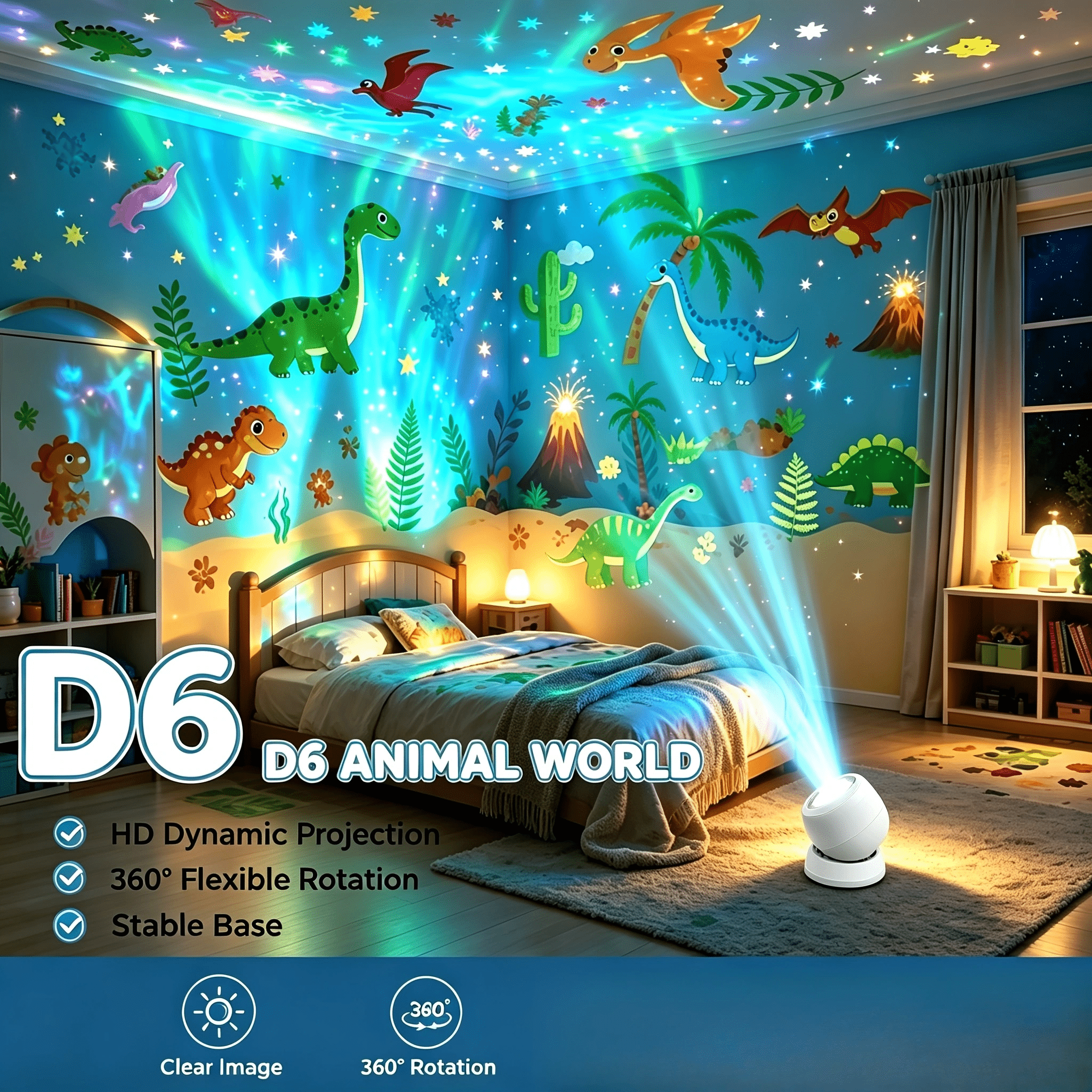TEMU Proyector de luz nocturna D6 Animal , luz de proyección dinámica HD, rotación flexible de 360°, luz decorativa con base antideslizante estable
