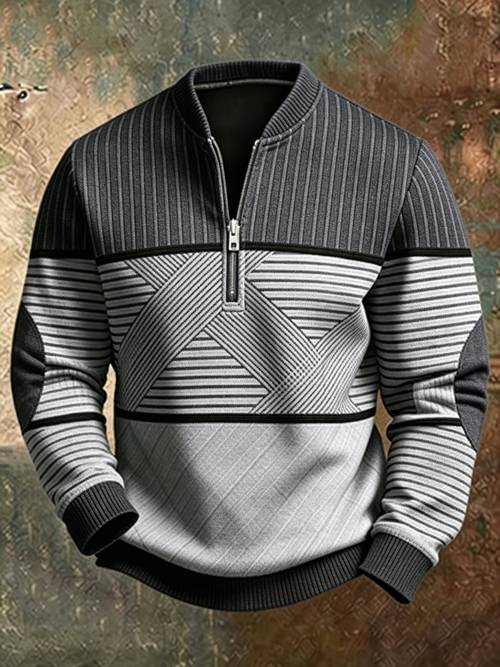 Artikelbild neu eingetroffener herren-pullover-sweatshirt mit stehkragen halbem reißverschluss, retro britische literarische mode, vielseitig mit einzigartigem fortschrittlichem design, maschinenwaschbar, -kaffee, horizontal gestreiftes spleißdruckmuster, für das tägliche pendeln