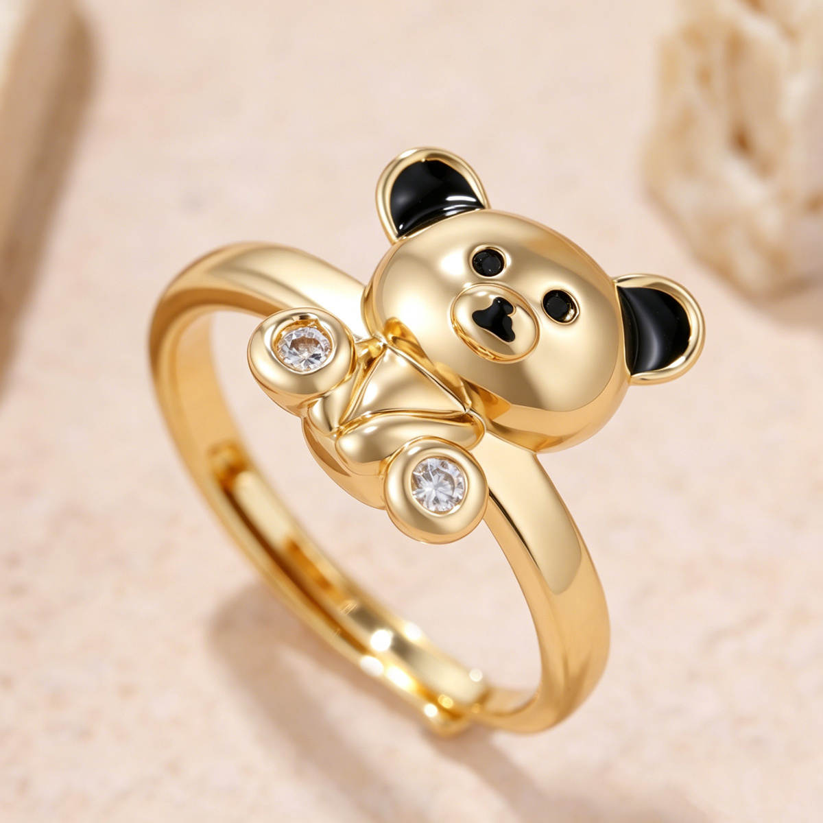 Ladies' Ring with Black Inner Ear Details, Elegant Design