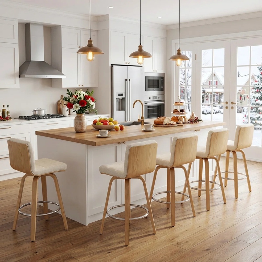 Pair of Contemporary Bar Stools Featuring Backs, Rotating Counter-Height Design, Upholstered Fabric for Kitchen Islands, Sturdy Wooden Legs, Ideal for Home Kitchens And Pubs