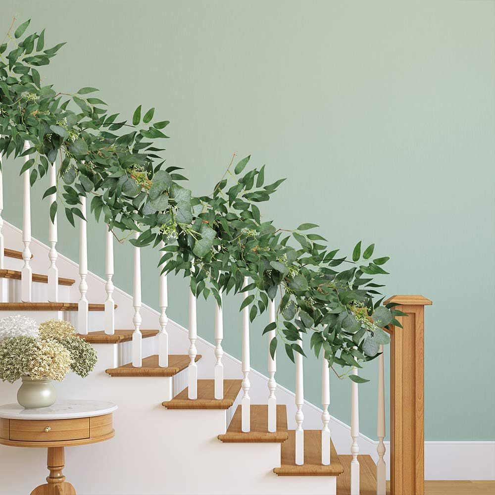 

1pc Elegant 6.5ft Artificial Eucalyptus & Leaves Garland - Green Plastic For Wedding, Farmhouse Table Runner, Staircase & Doorway Decor, Indoor/outdoor Use, Artificial Plants For Home Decor