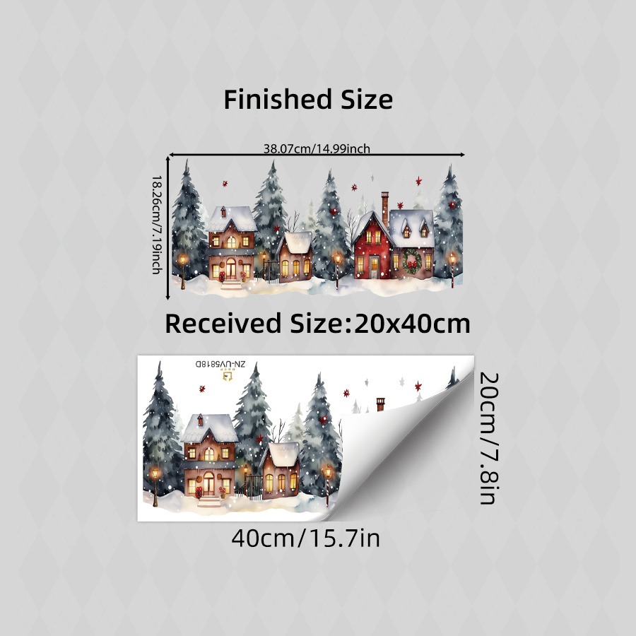 Image of Cozy Winter Watercolor Village Window Sticker, Pine Street Lamp Xmas Glass Decor Pattern, Double-sided Removable Static Window Clings, For Living Room Balcony Bedroom Cozy Winter Christmas Decor Decal